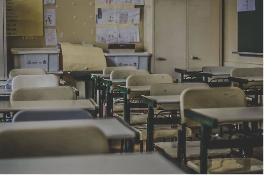 classroom desks aligned in rows