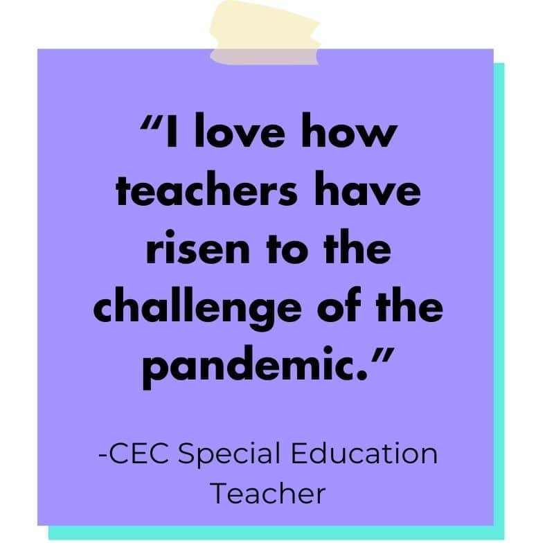 decorative image of a purple post it with the words: "I love how teachers have risen to the challenge of the pandemic.”