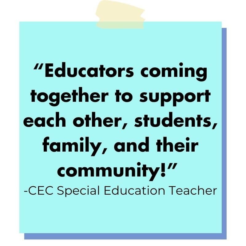 decorative image of a blue post it with the words: “Educators coming together to support each other, students, family, and their community!”