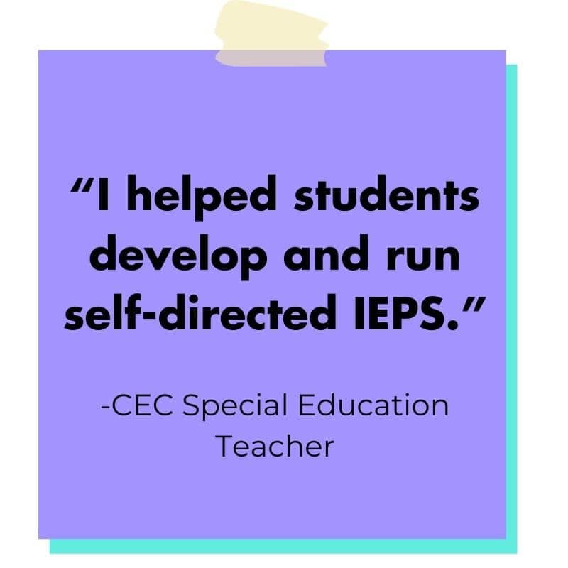 decorative image of a purple post it with the words: "“I help students develop and run self-directed IEPS.”