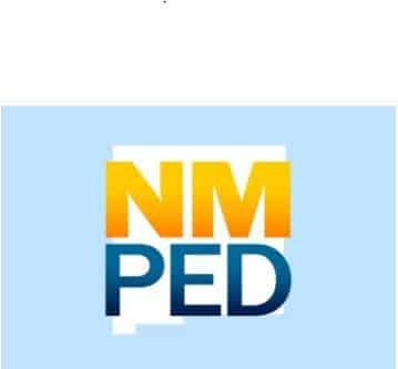 Light blue logo with the lettering NM PED over the outline of the state of New Mexico