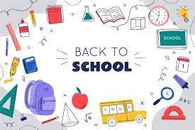 Back to school with an image of a backpack, school bus, notebooks, and an apple
