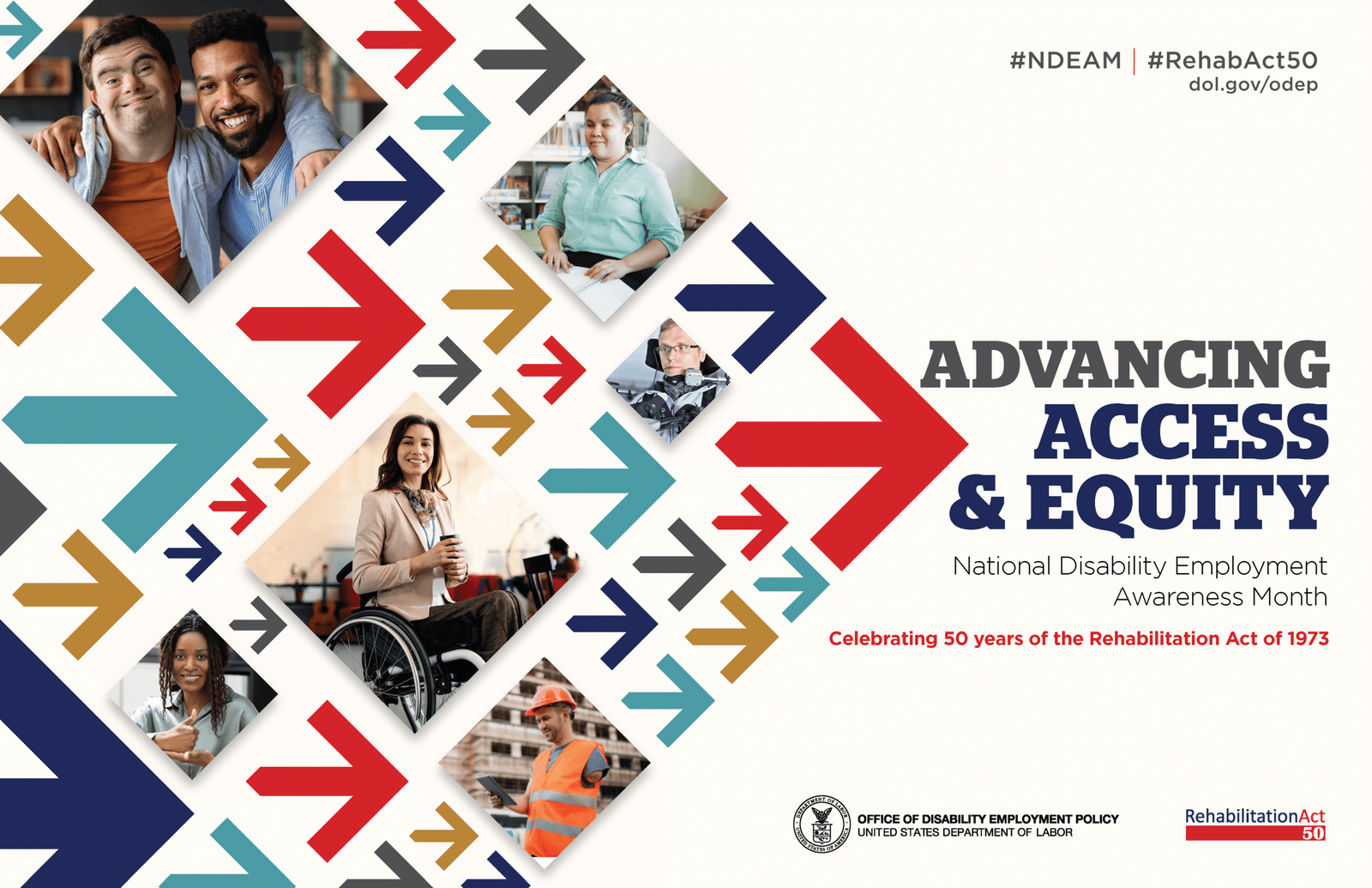 A rectangular poster with the words Advancing Access & Equity, National Disability Employment Awareness Month, Celebrating 50 years of the Rehabilitation Act of 1973