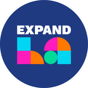 Blue circle with Expand LA written in colorful font
