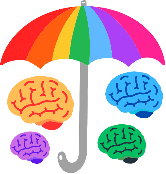 Four different colored brains under a rainbow umbrella