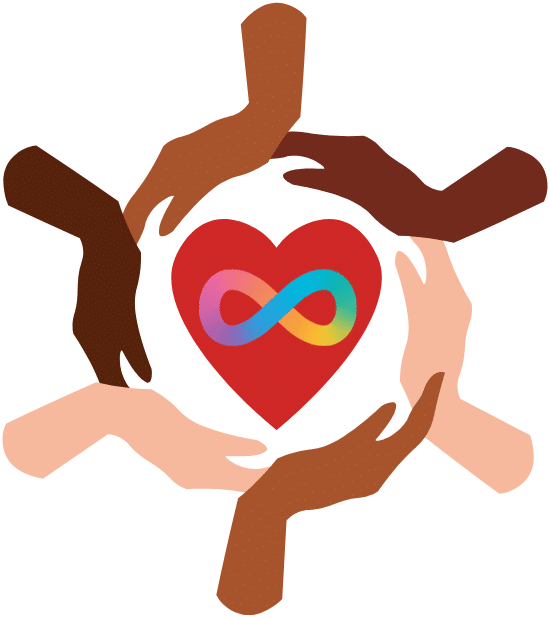 Hands with different skin tones surrounding a heart that contains a neurodiversity symbol