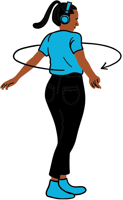 A brown-skinned, Autistic young woman wearing headphones and spinning
