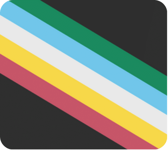 Disability Pride Flag: A charcoal background split in half diagonally by parallel red, yellow, off-white, blue, and green stripes
