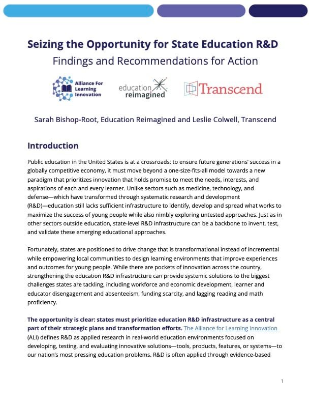 Seizing the Opportunity for State Education R&D: Findings and Recommendations for Action