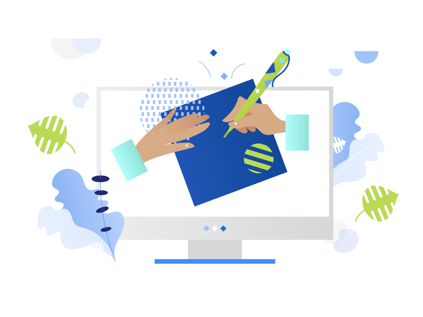 A person holding a pen in front of a computer screen, set against a blue background.